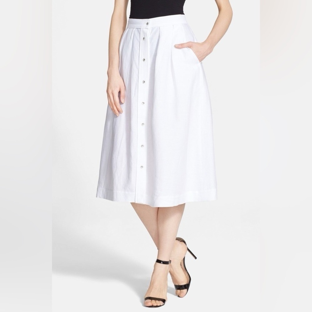 Milly White Linen Blend Button Front Pleated Midi Skirt, Size 10
